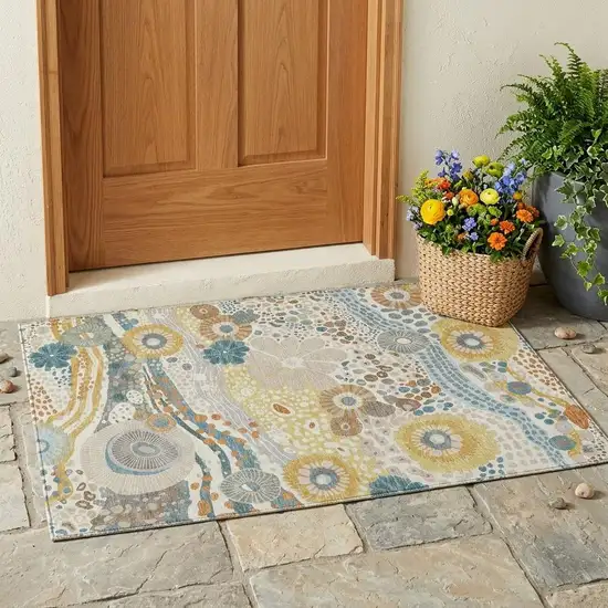Ivory And Sky Blue Floral Washable Indoor Outdoor Area Rug Photo 1