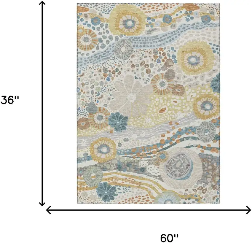 Ivory And Sky Blue Floral Washable Indoor Outdoor Area Rug Photo 7