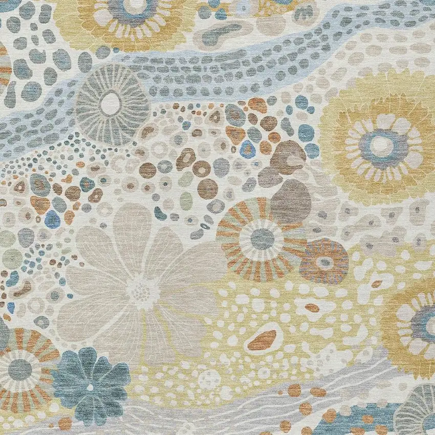 Ivory And Sky Blue Floral Washable Indoor Outdoor Area Rug Photo 3