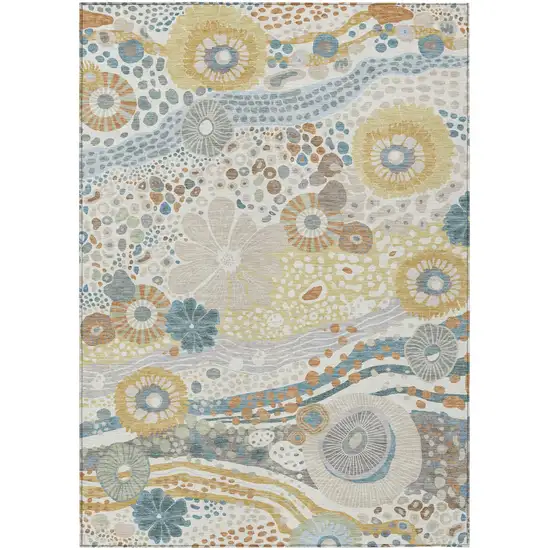 Ivory And Sky Blue Floral Washable Indoor Outdoor Area Rug Photo 2
