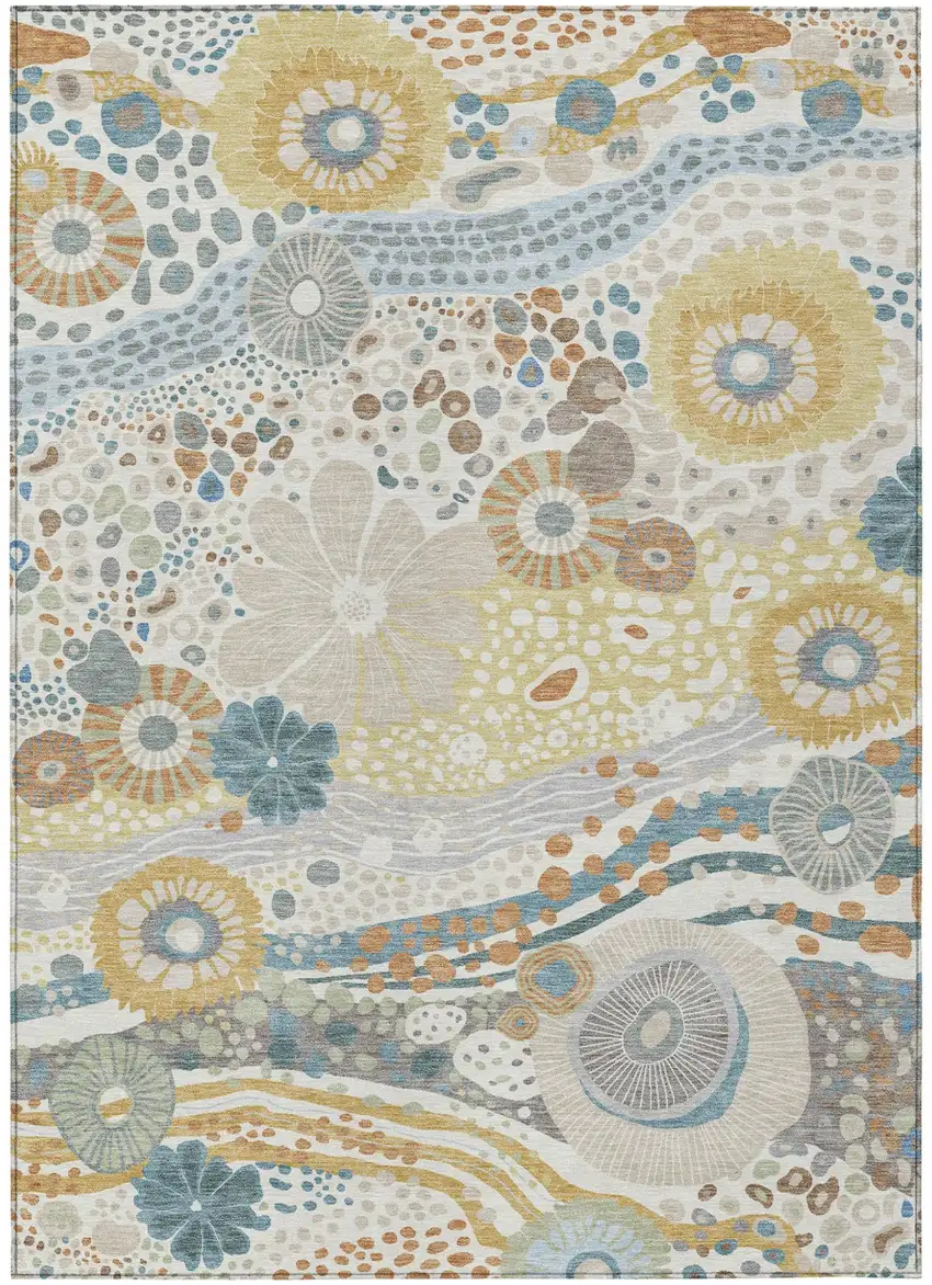 Ivory And Sky Blue Floral Washable Indoor Outdoor Area Rug Photo 2