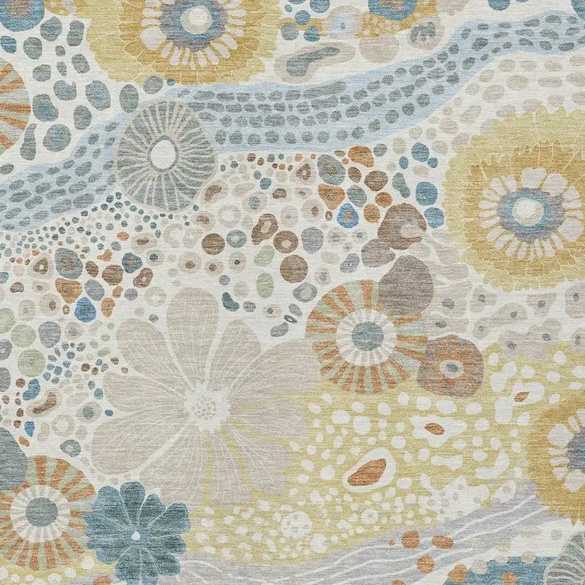 Ivory And Sky Blue Floral Washable Indoor Outdoor Area Rug Photo 3