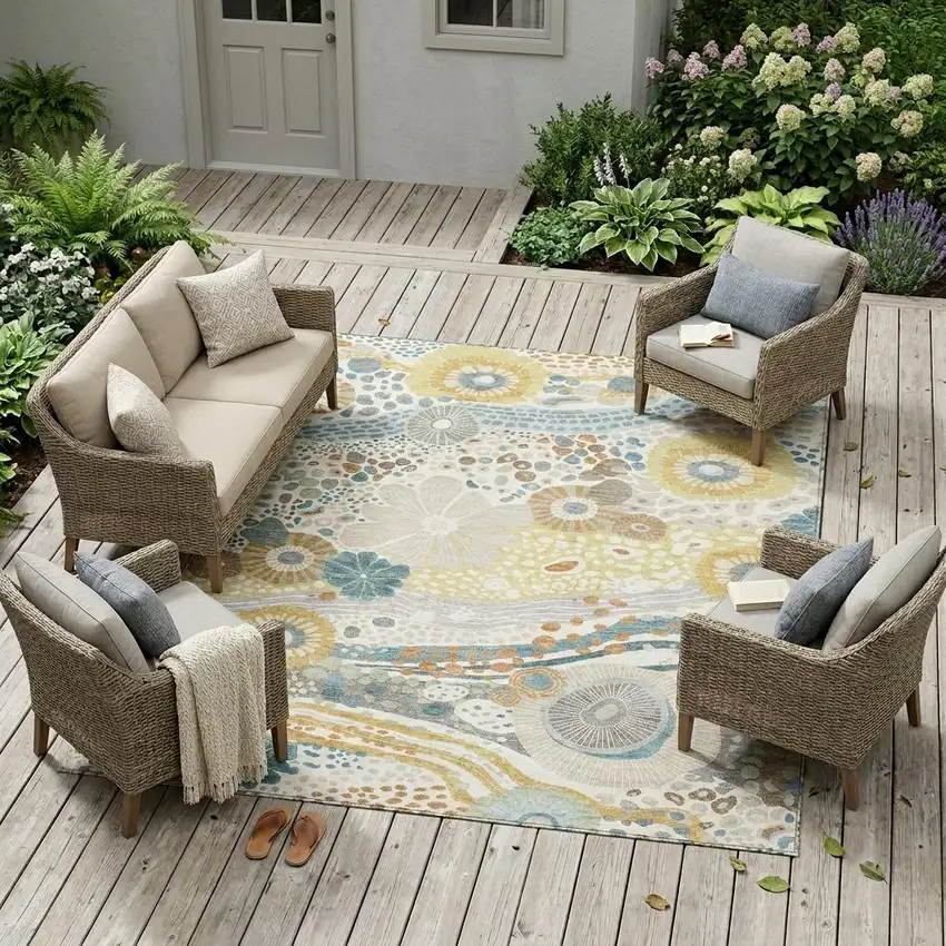 Ivory And Sky Blue Floral Washable Indoor Outdoor Area Rug Photo 1