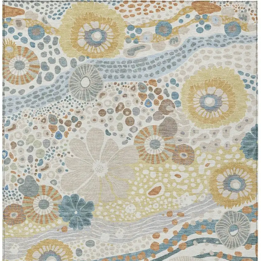 Ivory And Sky Blue Floral Washable Indoor Outdoor Area Rug Photo 4