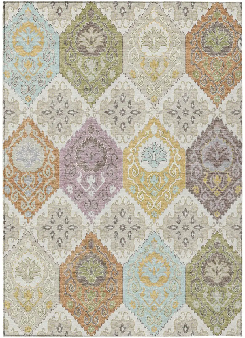 Ivory And Sky Blue Geometric Washable Indoor Outdoor Area Rug Photo 1