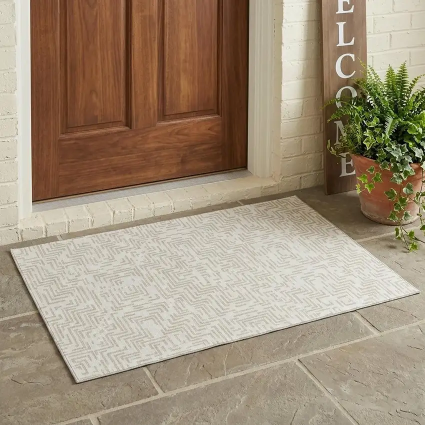 Ivory And Sky Blue Geometric Washable Indoor Outdoor Area Rug Photo 1