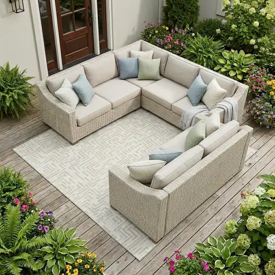 Ivory And Sky Blue Geometric Washable Indoor Outdoor Area Rug Photo 1