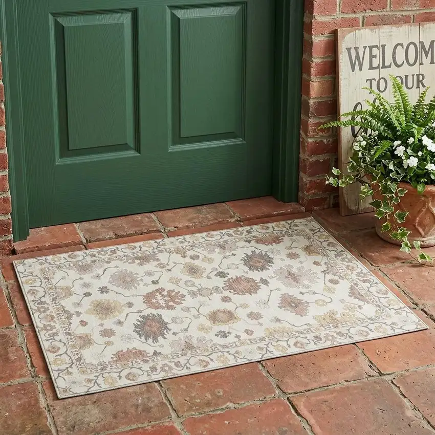Ivory And Sky Blue Oriental Washable Indoor Outdoor Area Rug Photo 1