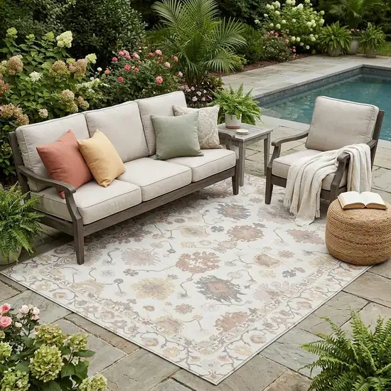 Ivory And Sky Blue Oriental Washable Indoor Outdoor Area Rug Photo 1