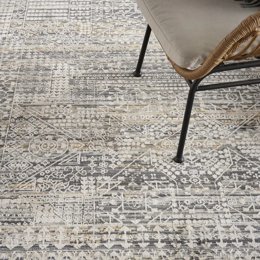 Ivory And Slate Gray Geometric Distressed Area Rug With Fringe Photo 6
