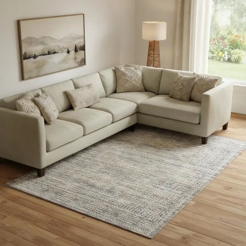 Ivory And Slate Gray Geometric Distressed Area Rug With Fringe Photo 1