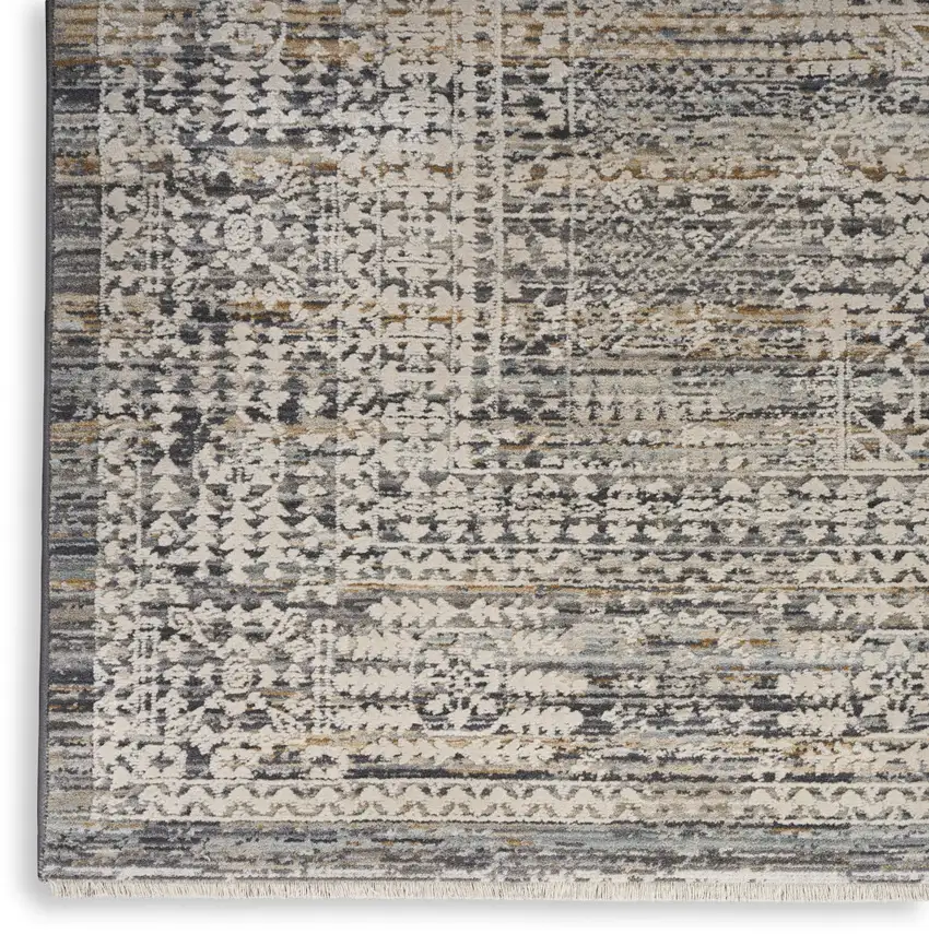 Ivory And Slate Gray Geometric Distressed Area Rug With Fringe Photo 9