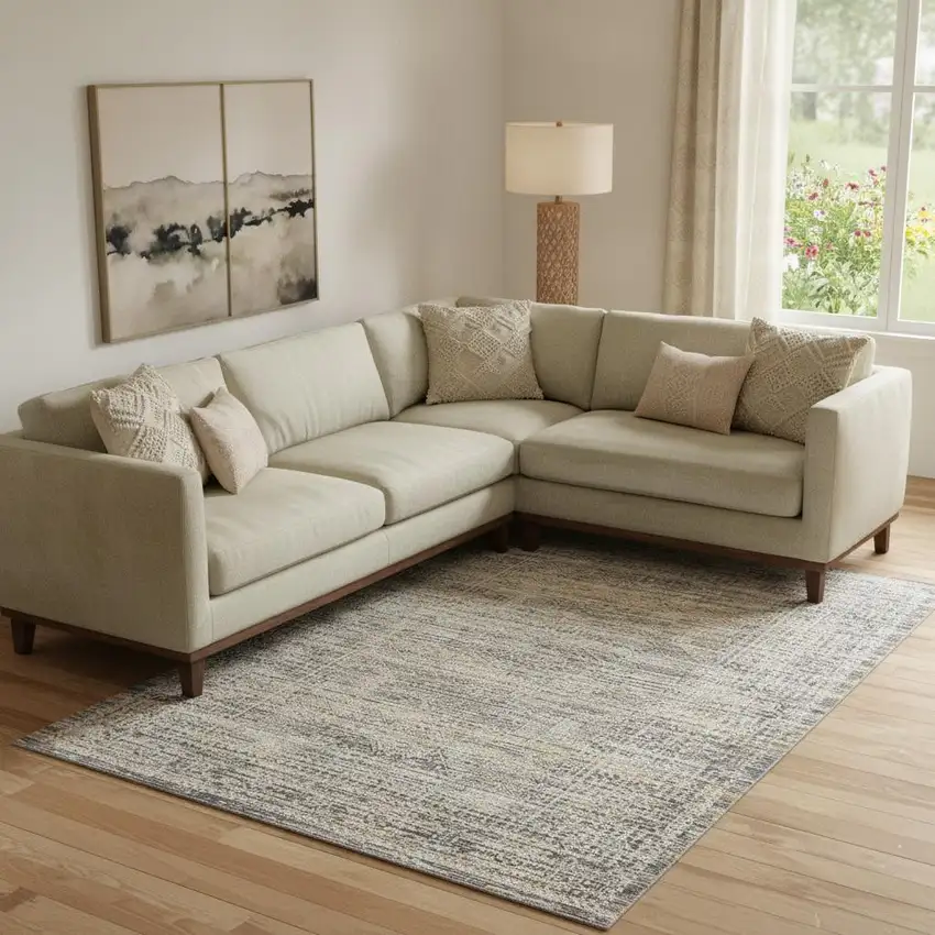 Ivory And Slate Gray Geometric Distressed Area Rug With Fringe Photo 1