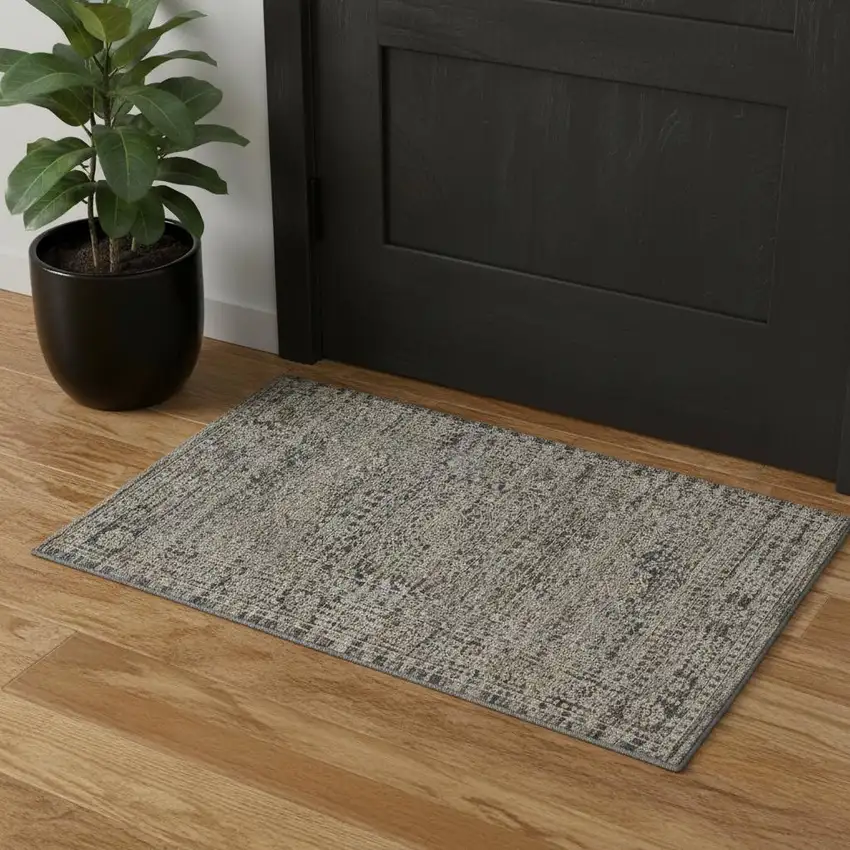Ivory And Slate Gray Oriental Distressed Area Rug With Fringe Photo 1