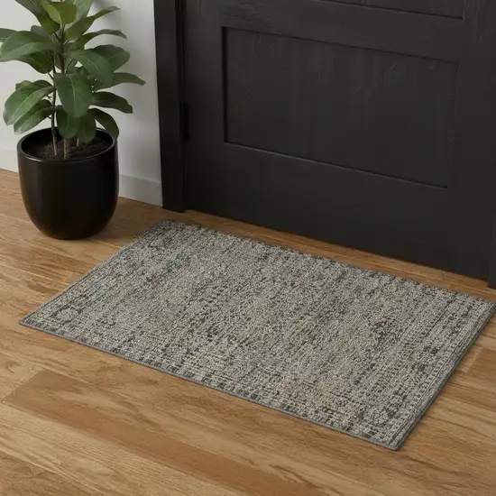 Ivory And Slate Gray Oriental Distressed Area Rug With Fringe Photo 1