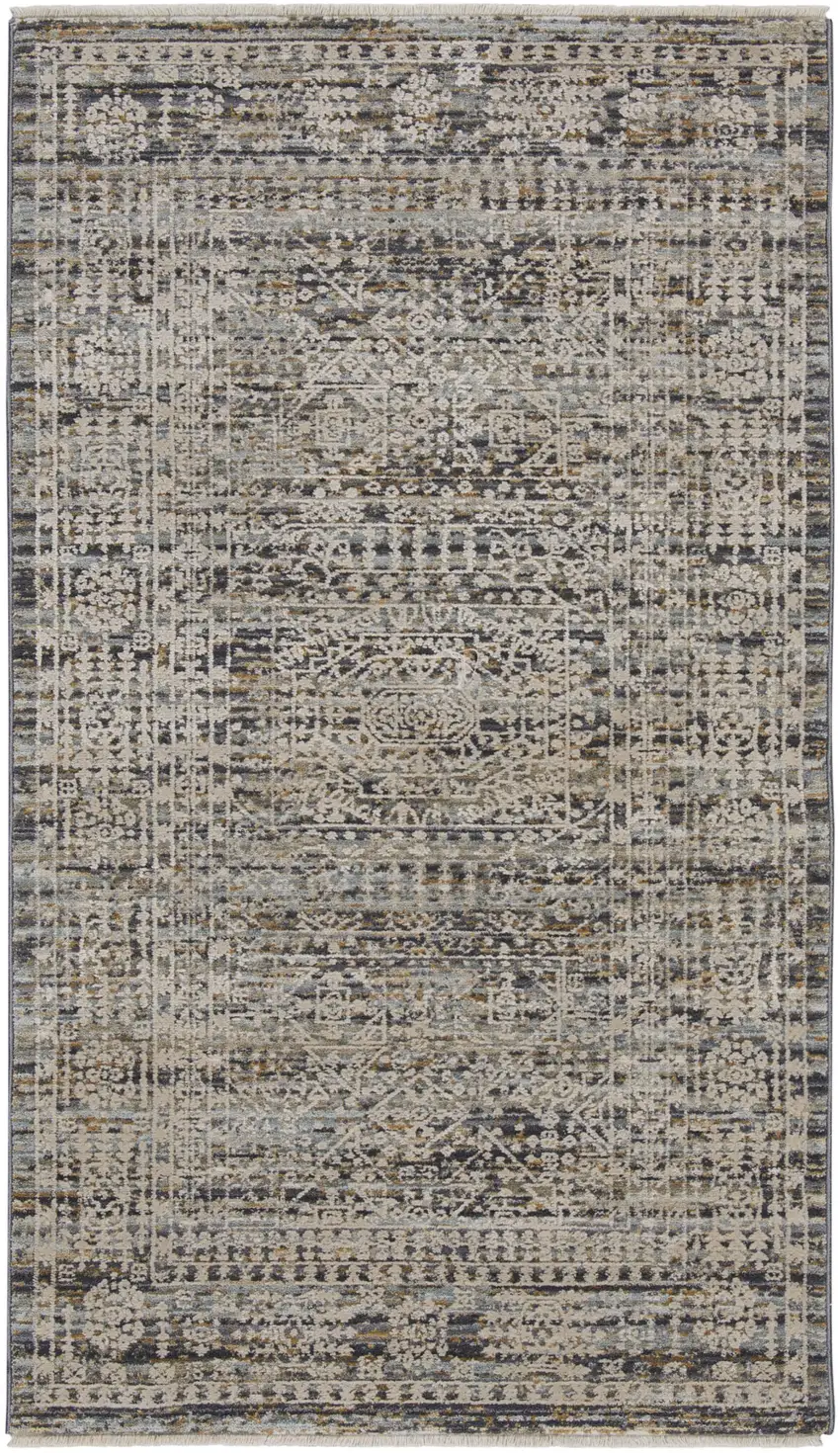 Ivory And Slate Gray Oriental Distressed Area Rug With Fringe Photo 2