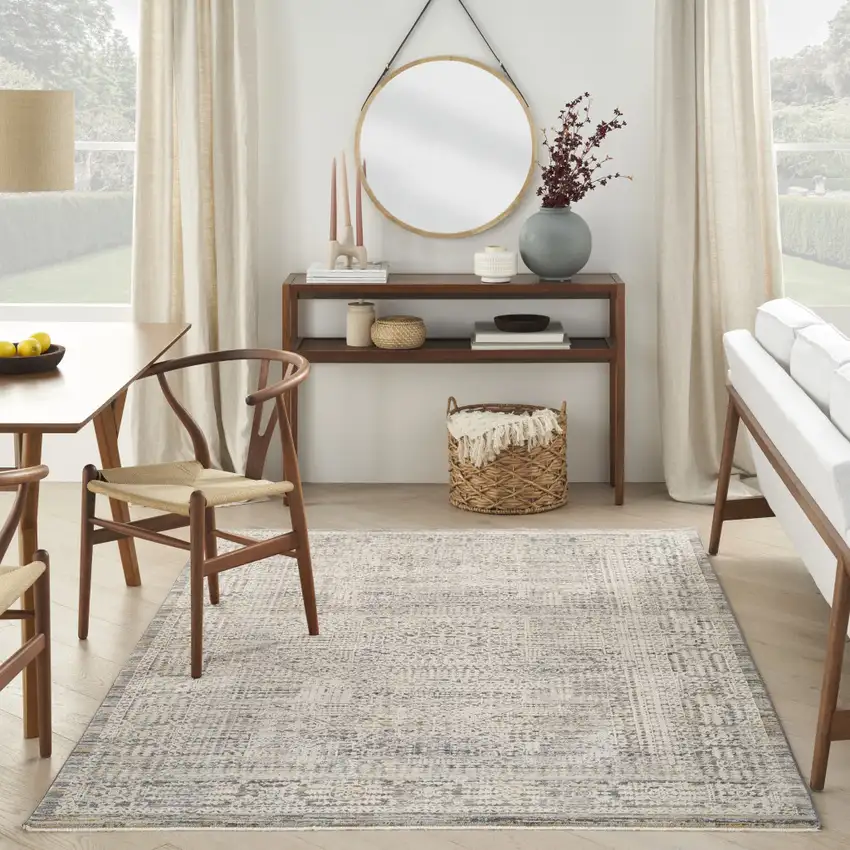 Ivory And Slate Gray Oriental Distressed Area Rug With Fringe Photo 6