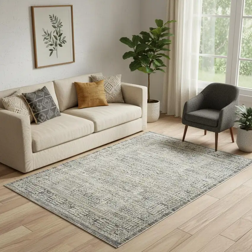 Ivory And Slate Gray Oriental Distressed Area Rug With Fringe Photo 1