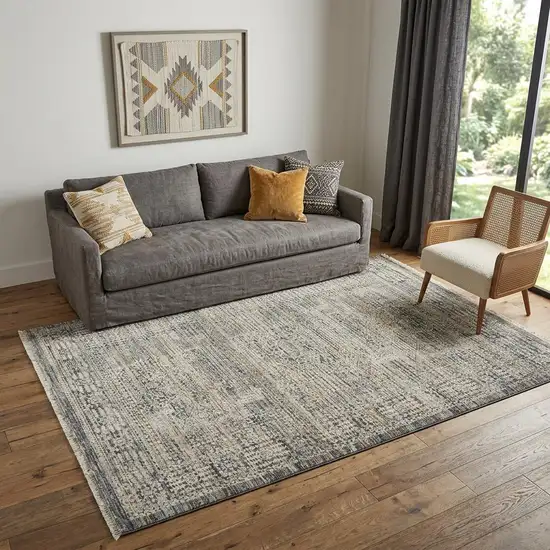 Ivory And Slate Gray Oriental Distressed Area Rug With Fringe Photo 1
