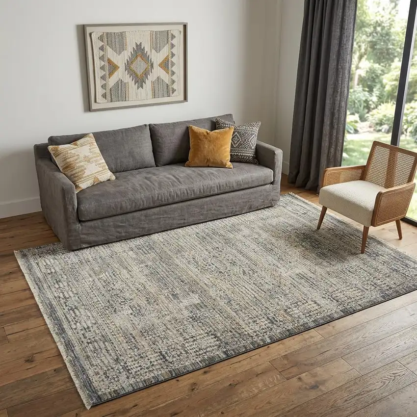 Ivory And Slate Gray Oriental Distressed Area Rug With Fringe Photo 1