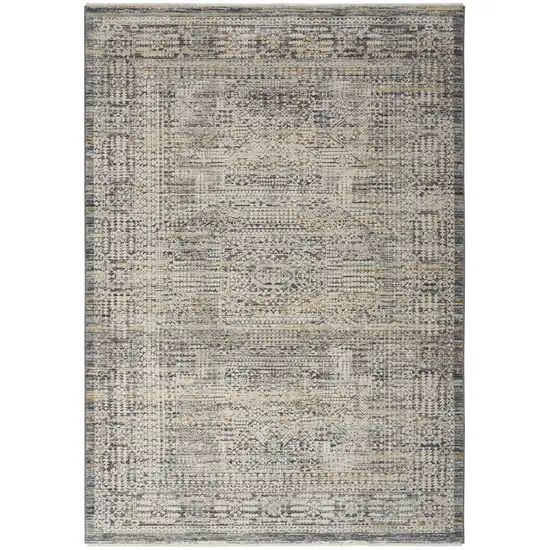 Ivory And Slate Gray Oriental Distressed Area Rug With Fringe Photo 2