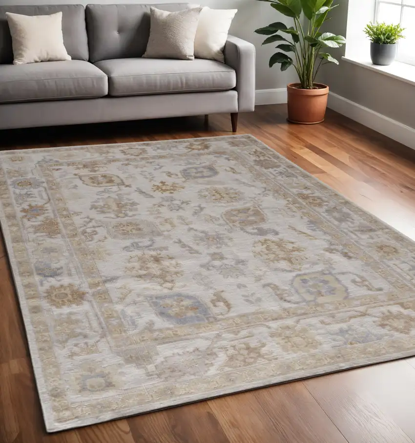Ivory Floral Hand Knotted Area Rug Photo 1
