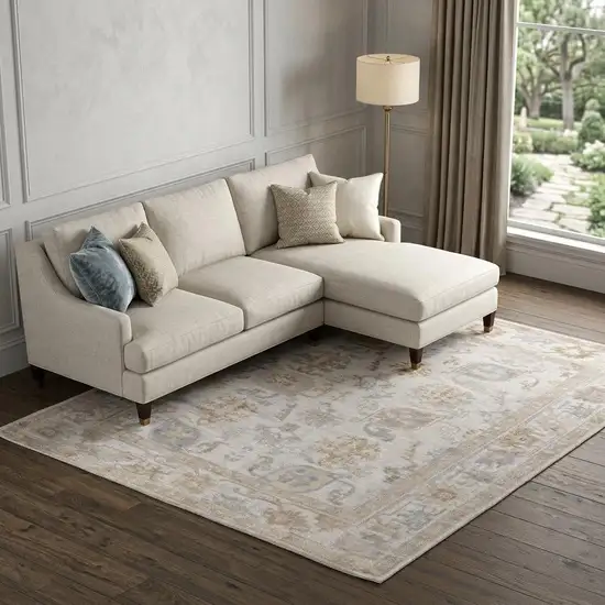 Ivory And Tan Floral Hand Knotted Area Rug Photo 1