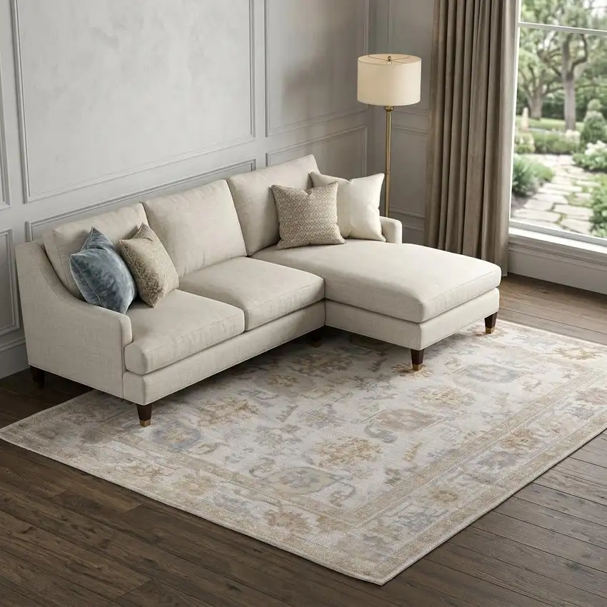 Ivory And Tan Floral Hand Knotted Area Rug Photo 1