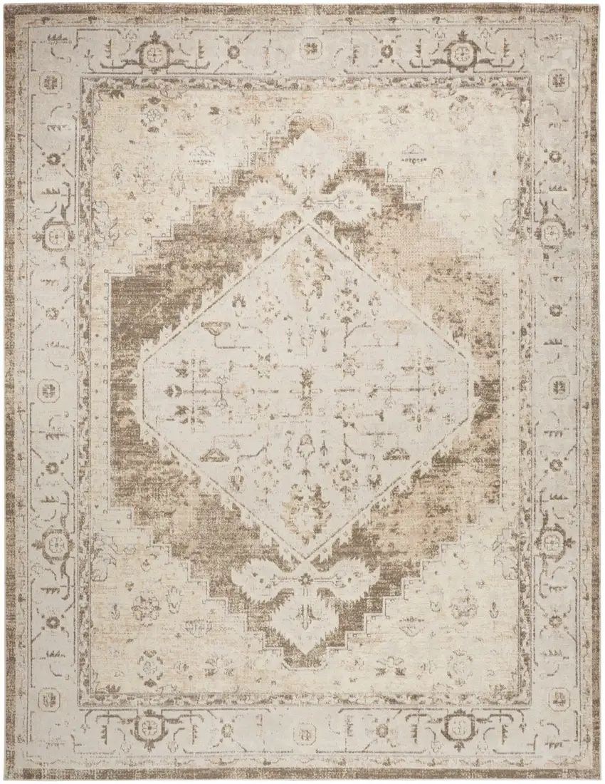 Ivory And Tan Floral Medallion Distressed Area Rug Photo 7