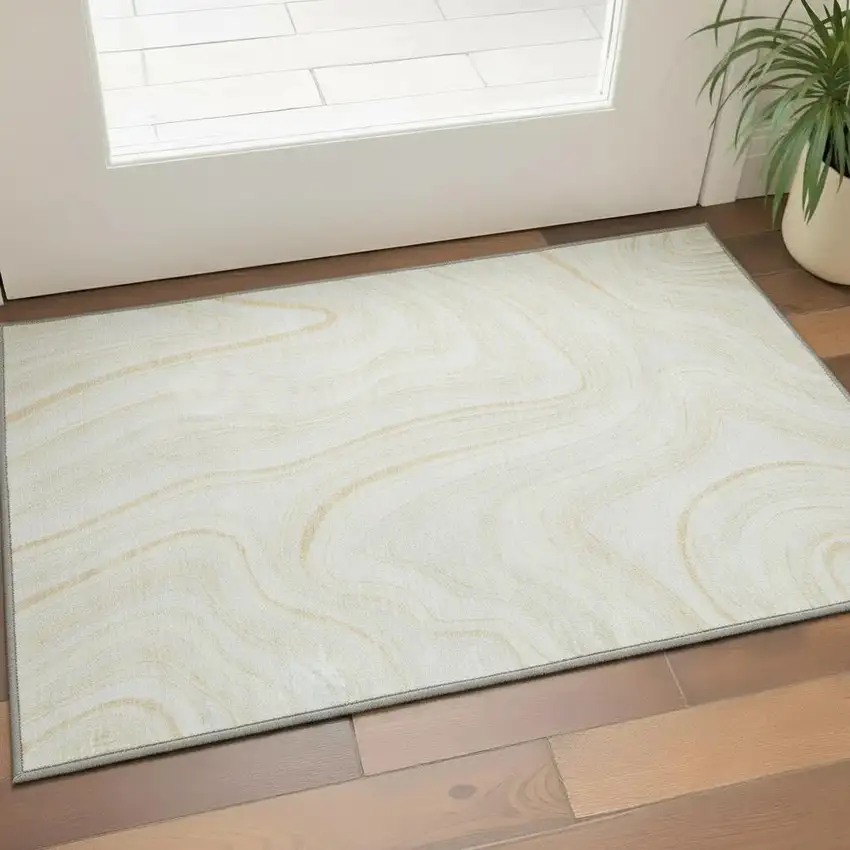 Ivory And Tan Marble Washable Area Rug With UV Protection Photo 2
