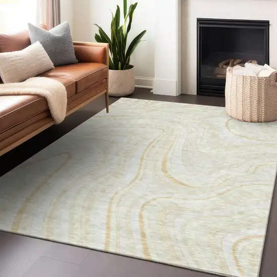 Ivory And Tan Marble Washable Area Rug With UV Protection Photo 6