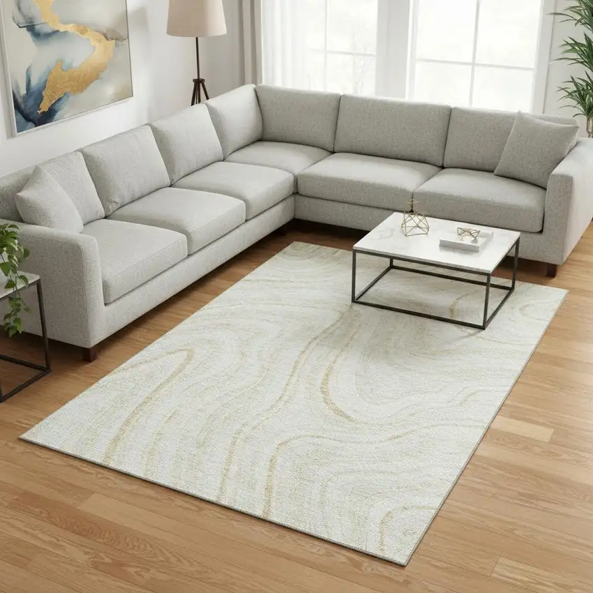 Ivory And Tan Marble Washable Area Rug With UV Protection Photo 2