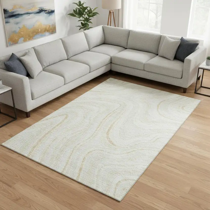 Ivory And Tan Marble Washable Area Rug With UV Protection Photo 2