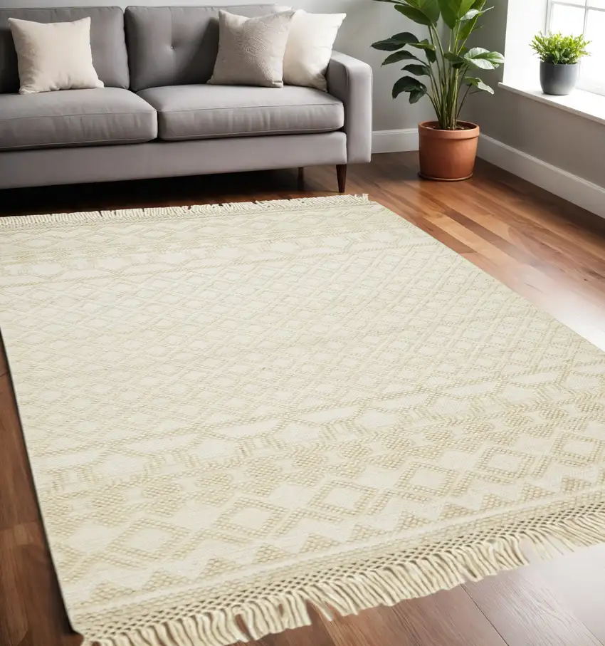 Ivory Wool Geometric Hand Woven Area Rug With Fringe Photo 1