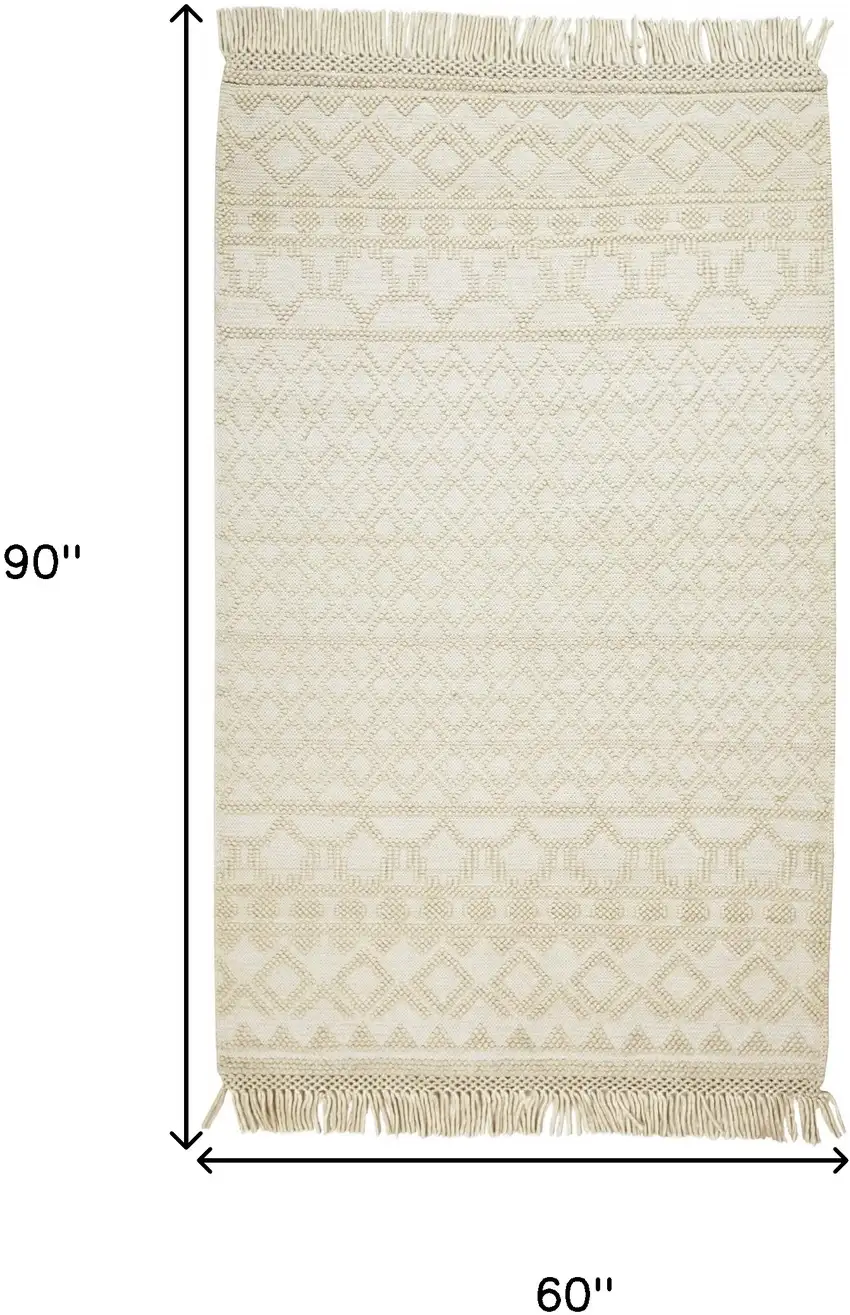 Ivory And Tan Wool Geometric Hand Woven Area Rug With Fringe Photo 8