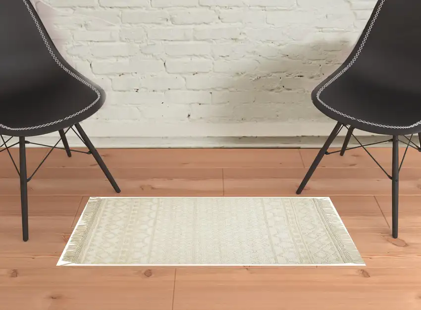 Ivory And Tan Wool Geometric Hand Woven Area Rug With Fringe Photo 2