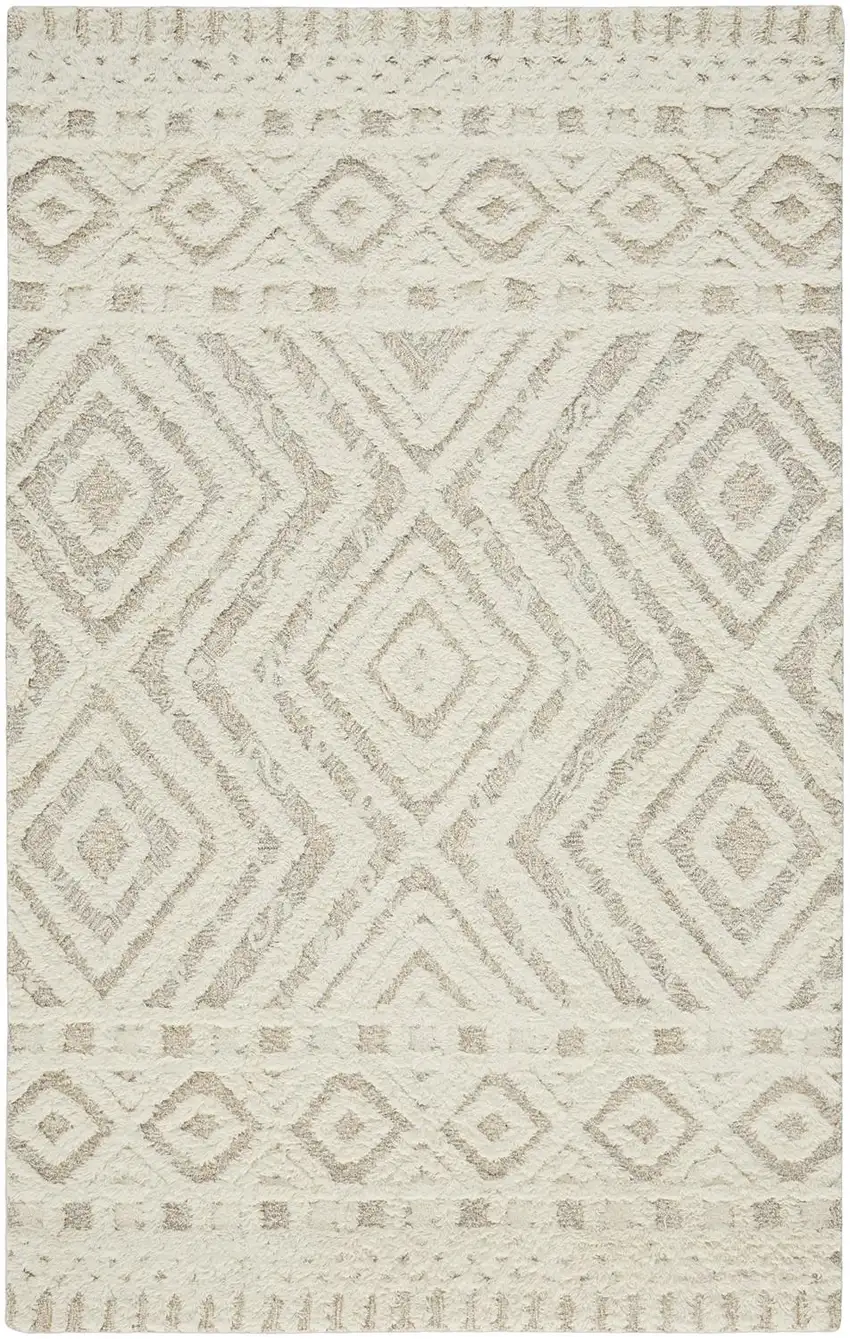 Ivory And Tan Wool Geometric Tufted Handmade Stain Resistant Area Rug Photo 1
