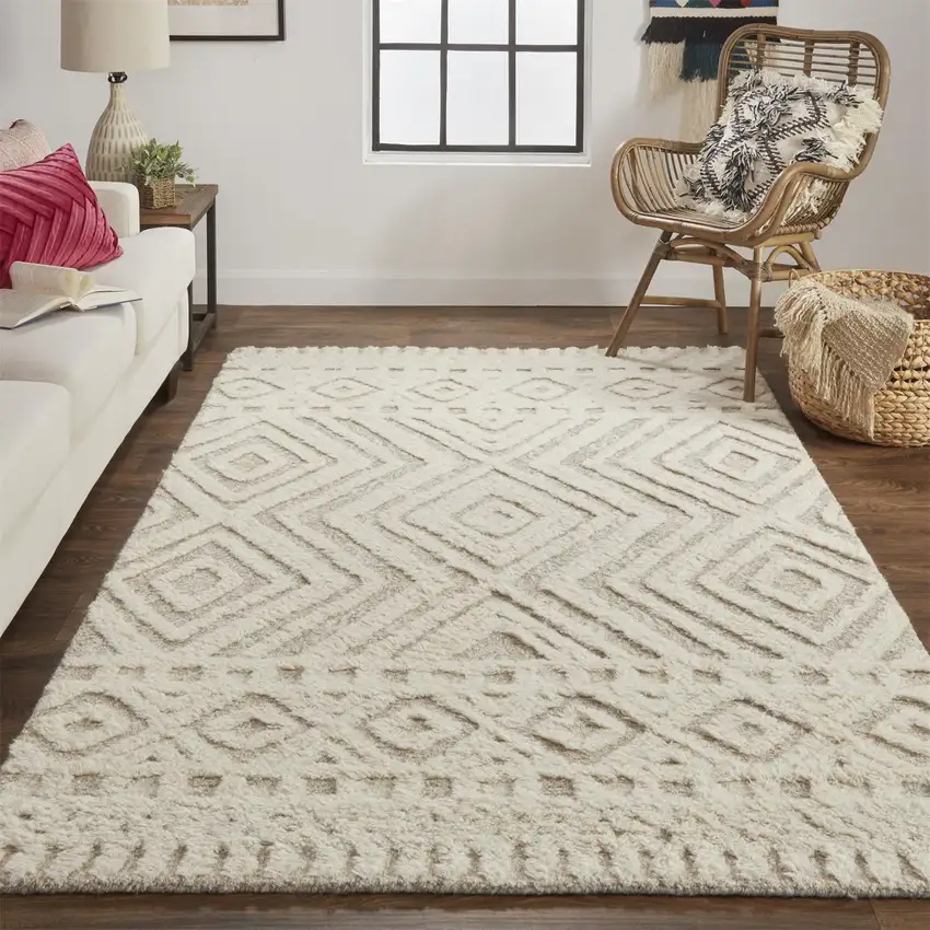 Ivory And Tan Wool Geometric Tufted Handmade Stain Resistant Area Rug Photo 6