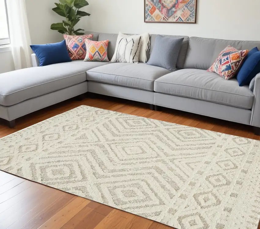 Ivory And Tan Wool Geometric Tufted Handmade Stain Resistant Area Rug Photo 2