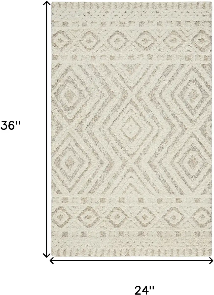 Ivory And Tan Wool Geometric Tufted Handmade Stain Resistant Area Rug Photo 10