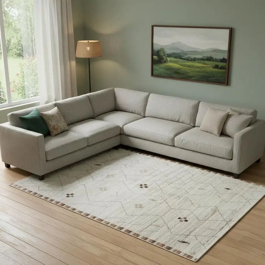 Ivory And Tan Wool Moroccan Hand Knotted Area Rug Photo 1