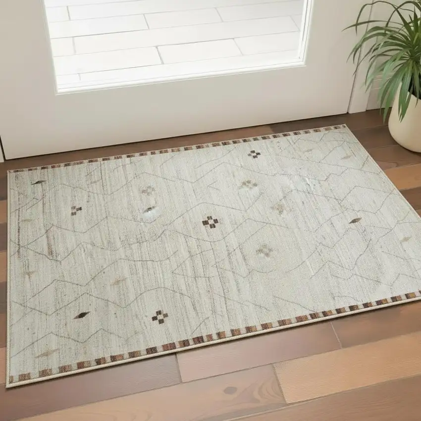 Ivory And Tan Wool Moroccan Hand Knotted Area Rug Photo 1