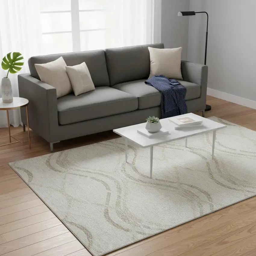 Ivory And Taupe Abstract Washable Area Rug With UV Protection Photo 2