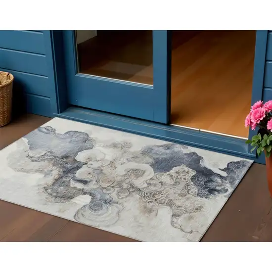 Ivory And Taupe Abstract Washable Indoor Outdoor Area Rug Photo 2