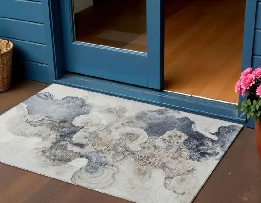 Ivory And Taupe Abstract Washable Indoor Outdoor Area Rug Photo 2