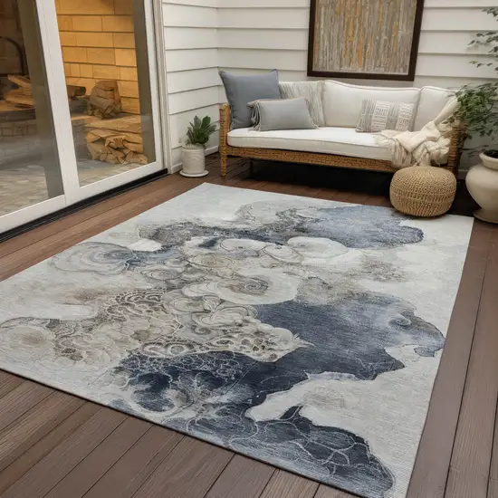 Ivory And Taupe Abstract Washable Indoor Outdoor Area Rug Photo 5