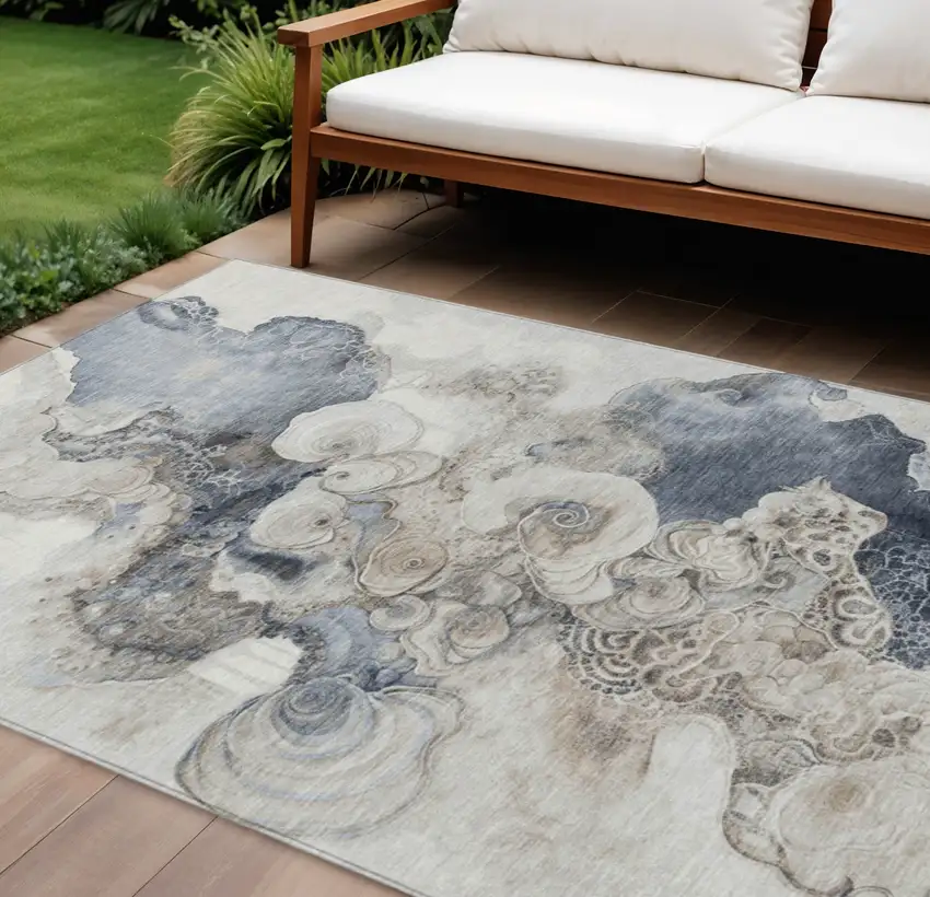 Ivory And Taupe Abstract Washable Indoor Outdoor Area Rug Photo 2