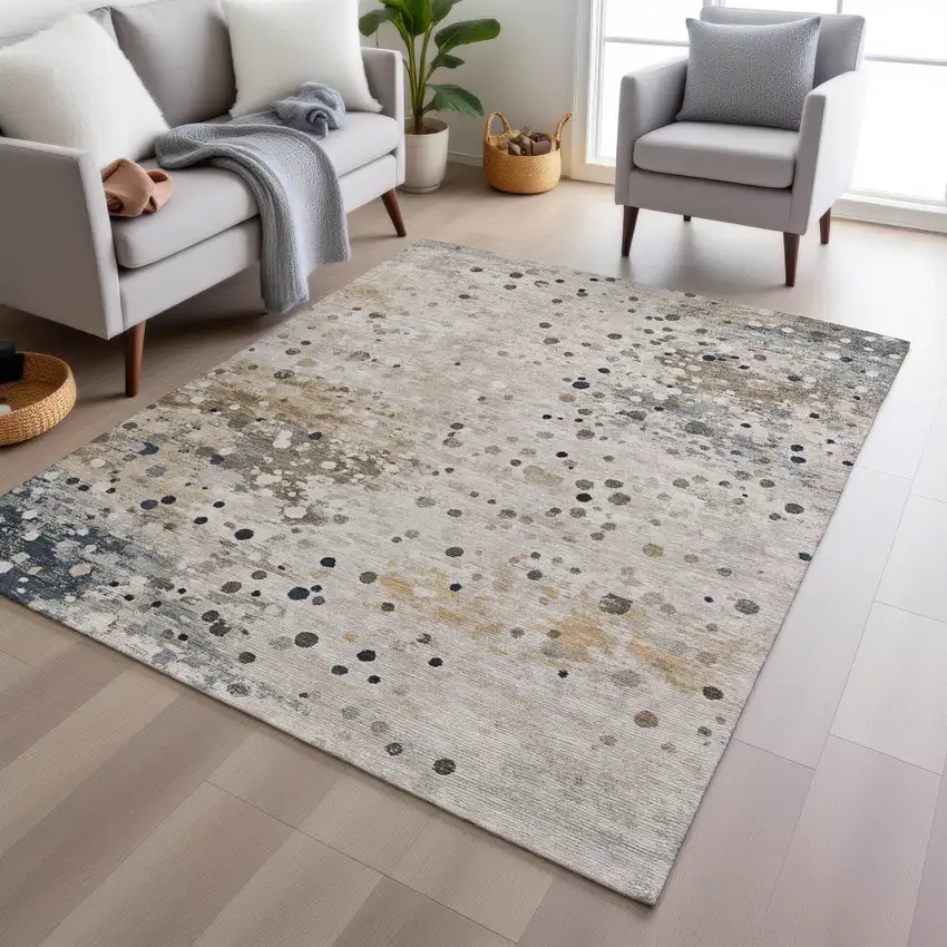 Ivory And Taupe Abstract Washable Indoor Outdoor Area Rug Photo 6