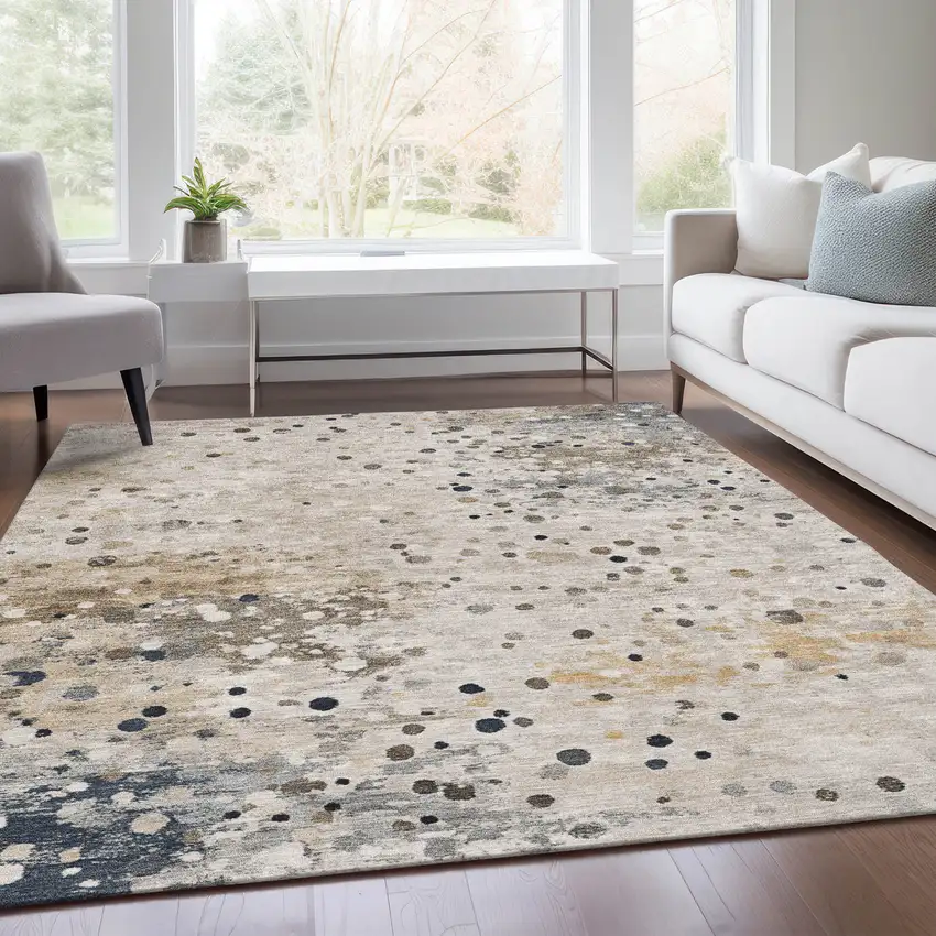 Ivory And Taupe Abstract Washable Indoor Outdoor Area Rug Photo 7