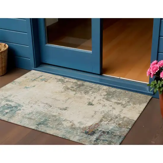 Ivory And Taupe Abstract Washable Indoor Outdoor Area Rug Photo 2